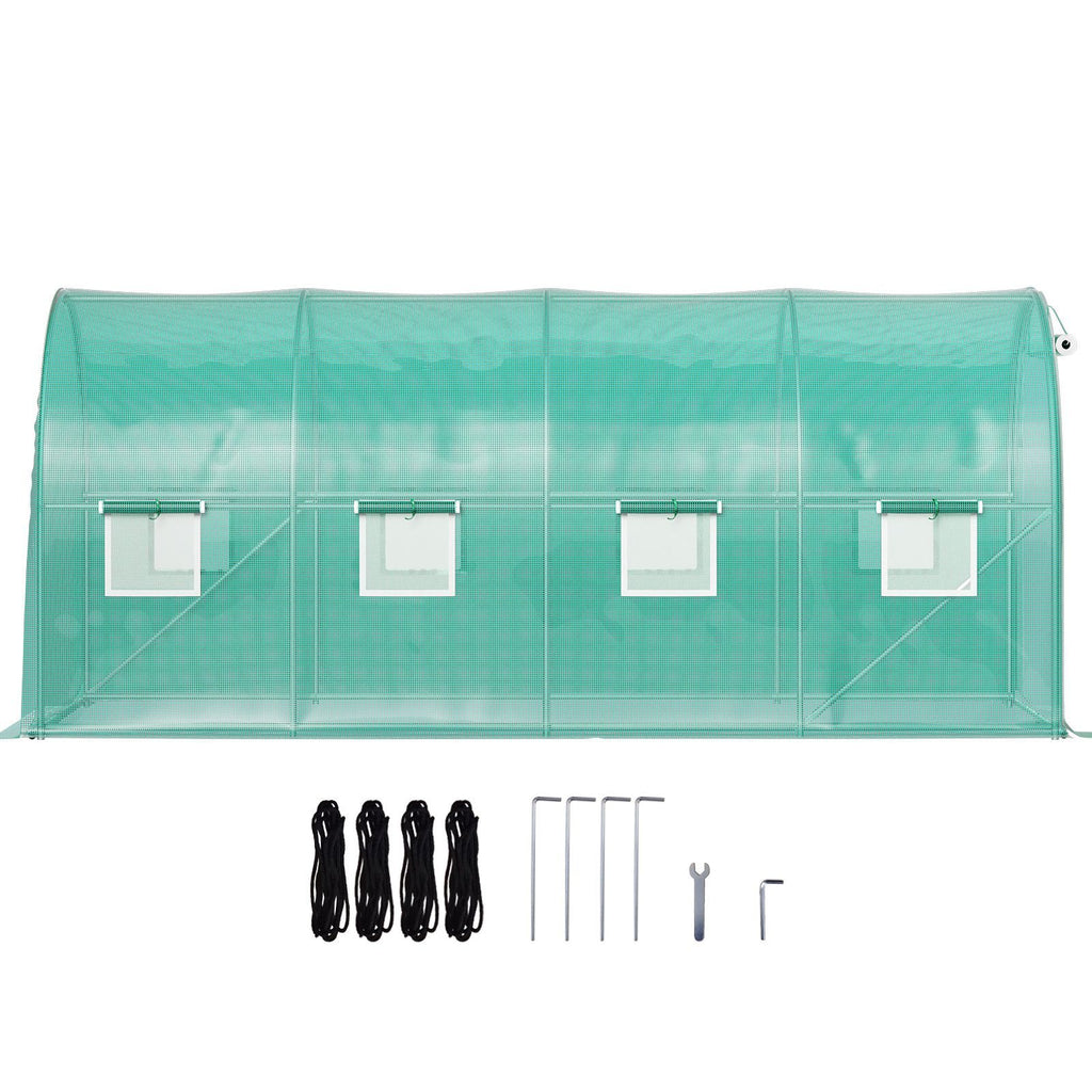 Walk-in Tunnel Greenhouse, 15 x 7 x 7 ft Portable Plant Hot House with Galvanized Steel Hoops, 1 Top Beam, Diagonal Poles, Zippered Door & 8 Roll-up Windows, Green - WildWood Apothecary and More