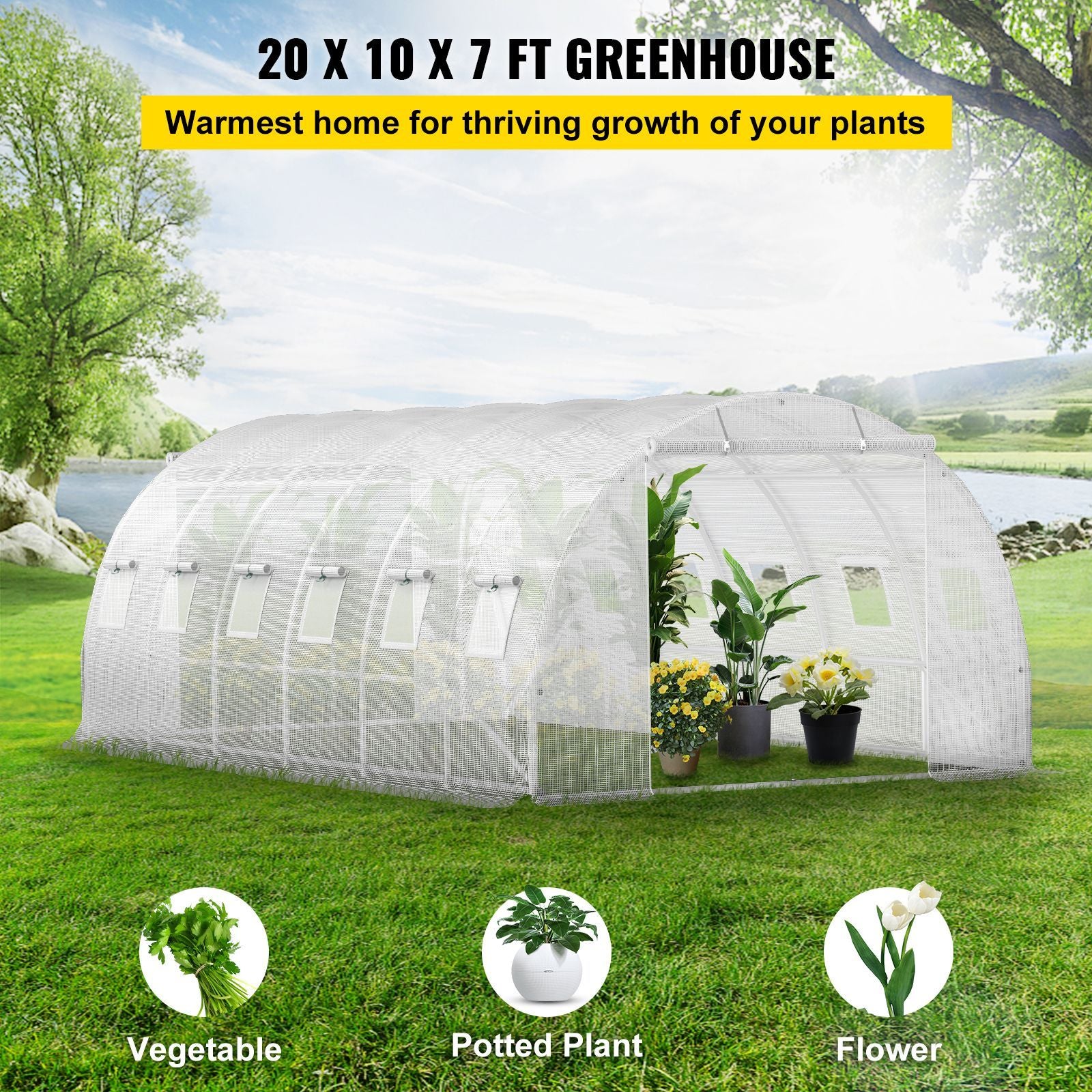 20 x 10 x 7 ft Walk-in Tunnel Greenhouse, Portable Plant Hot House with Galvanized Steel Hoops, 3 Top Beams, Diagonal Poles, 2 Zippered Doors & 12 Roll-up Windows, White - WildWood Apothecary and More