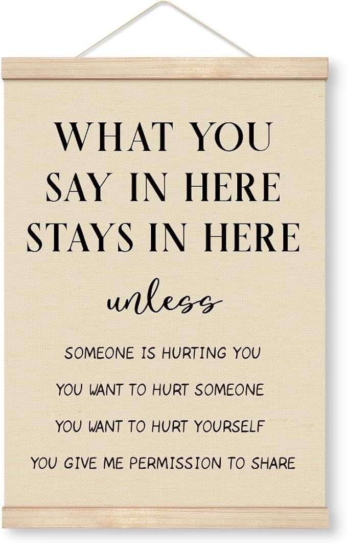 Therapy Decorations, Canvas Poster Wood Hanger, Therapy Room Door Hanger, Counseling Decor, Hanging Canvas Poster Decor for Psychologist Therapist Office, What You Say In Here Stays In Here Poster - WildWood Apothecary and More