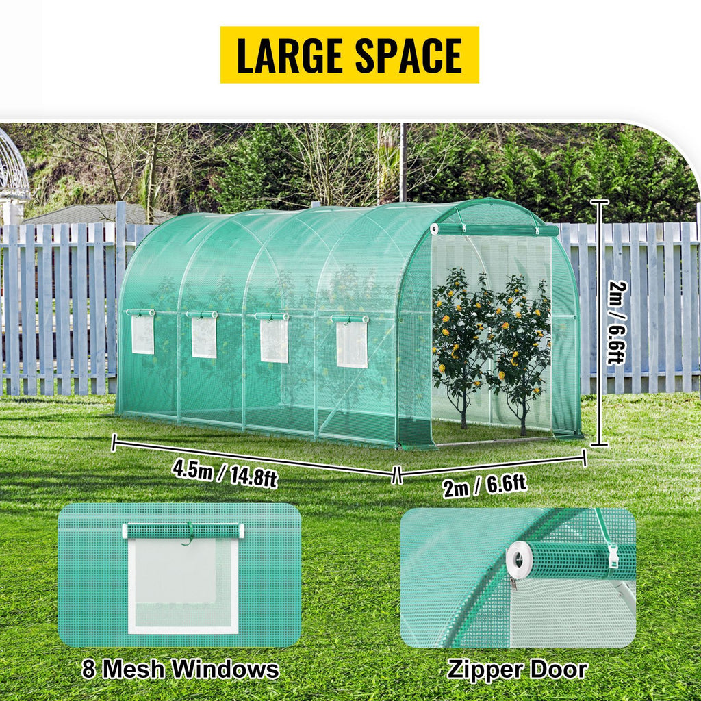 Walk-in Tunnel Greenhouse, 15 x 7 x 7 ft Portable Plant Hot House with Galvanized Steel Hoops, 1 Top Beam, Diagonal Poles, Zippered Door & 8 Roll-up Windows, Green - WildWood Apothecary and More