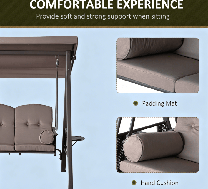 3-Seat Outdoor Patio Swing Chair Porch Glider with Adjustable Canopy Removable Cushion Pillows Side Trays for Garden Poolside Backyard Brown - WildWood Apothecary and More