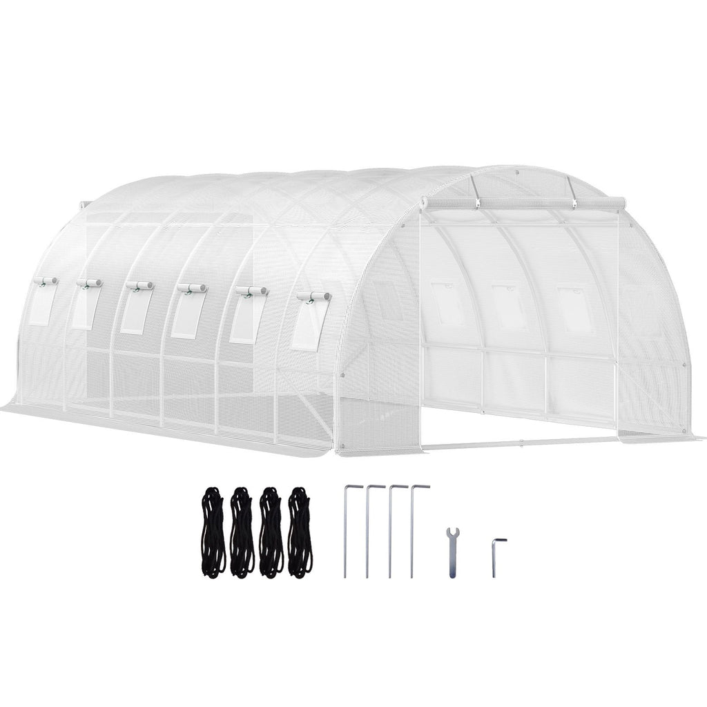 20 x 10 x 7 ft Walk-in Tunnel Greenhouse, Portable Plant Hot House with Galvanized Steel Hoops, 3 Top Beams, Diagonal Poles, 2 Zippered Doors & 12 Roll-up Windows, White - WildWood Apothecary and More