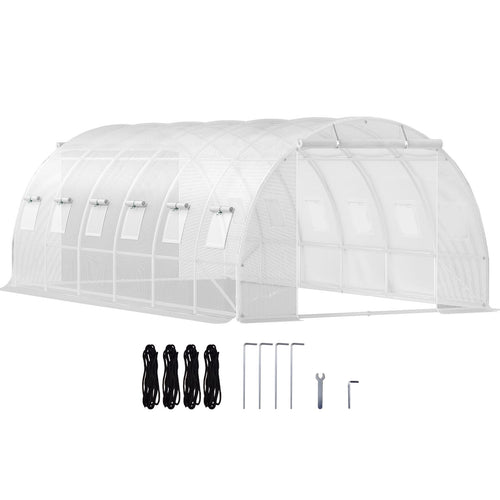 20 x 10 x 7 ft Walk-in Tunnel Greenhouse, Portable Plant Hot House with Galvanized Steel Hoops, 3 Top Beams, Diagonal Poles, 2 Zippered Doors & 12 Roll-up Windows, White - WildWood Apothecary and More