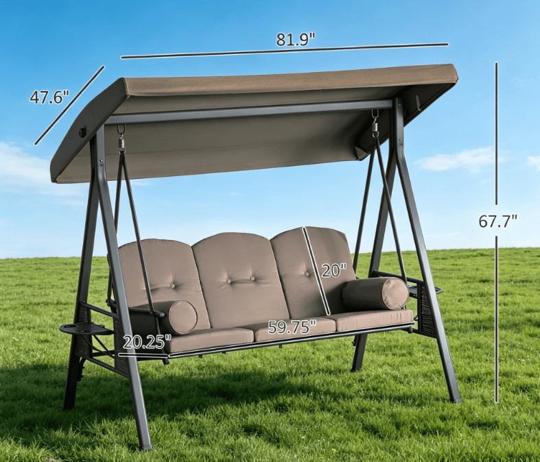 3-Seat Outdoor Patio Swing Chair Porch Glider with Adjustable Canopy Removable Cushion Pillows Side Trays for Garden Poolside Backyard Brown - WildWood Apothecary and More