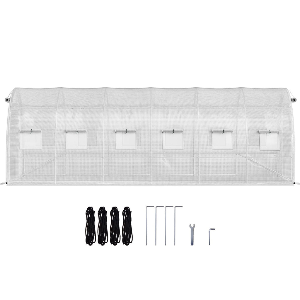 20 x 10 x 7 ft Walk-in Tunnel Greenhouse, Portable Plant Hot House with Galvanized Steel Hoops, 3 Top Beams, Diagonal Poles, 2 Zippered Doors & 12 Roll-up Windows, White - WildWood Apothecary and More