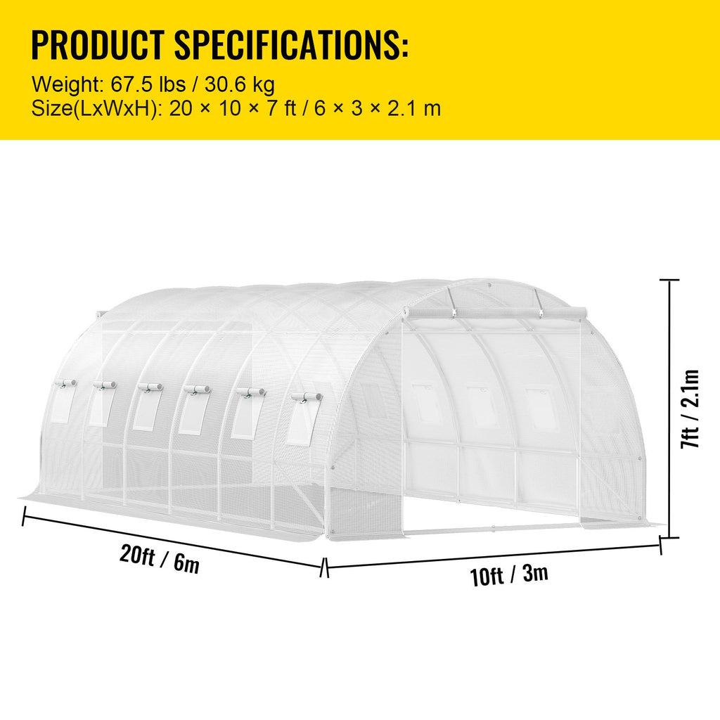 20 x 10 x 7 ft Walk-in Tunnel Greenhouse, Portable Plant Hot House with Galvanized Steel Hoops, 3 Top Beams, Diagonal Poles, 2 Zippered Doors & 12 Roll-up Windows, White - WildWood Apothecary and More