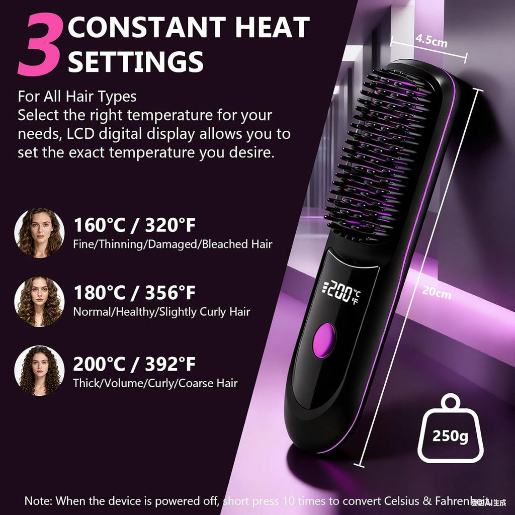 Hair Straightener, Cordless Hair Straightening Brush Portable Cordless Comb with Base Negative Ion Rechargeable Brush for Frizz-Free Shine Straightening, 6400mAh Fast Heating (Black) - WildWood Apothecary and More