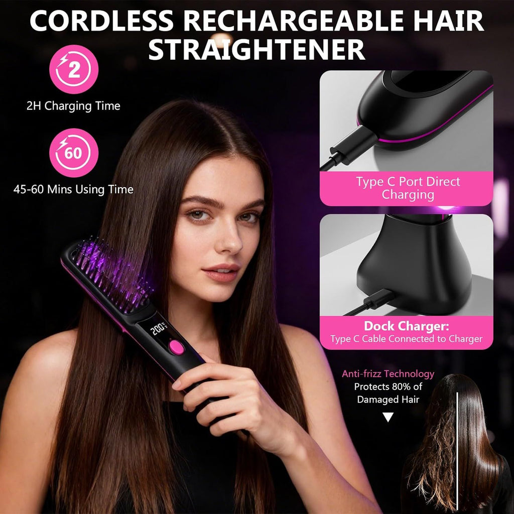 Hair Straightener, Cordless Hair Straightening Brush Portable Cordless Comb with Base Negative Ion Rechargeable Brush for Frizz-Free Shine Straightening, 6400mAh Fast Heating (Black) - WildWood Apothecary and More