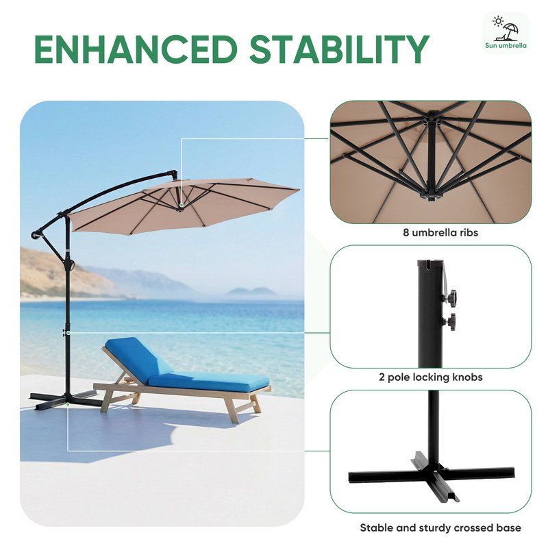 Outdoor Patio Umbrella, 10ft Offset Hanging Patio Umbrella with Aluminum Stand, 8 Ribs, UV Protection for Pool Garden Backyard Market, Khaki - WildWood Apothecary and More