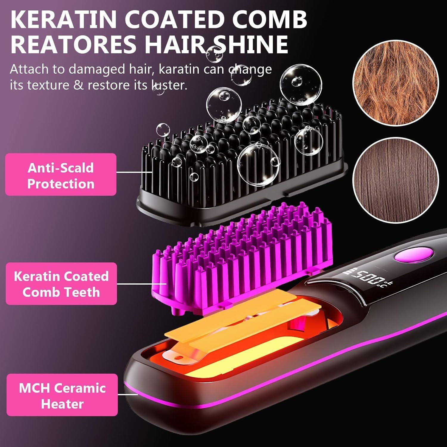Hair Straightener, Cordless Hair Straightening Brush Portable Cordless Comb with Base Negative Ion Rechargeable Brush for Frizz-Free Shine Straightening, 6400mAh Fast Heating (Black) - WildWood Apothecary and More