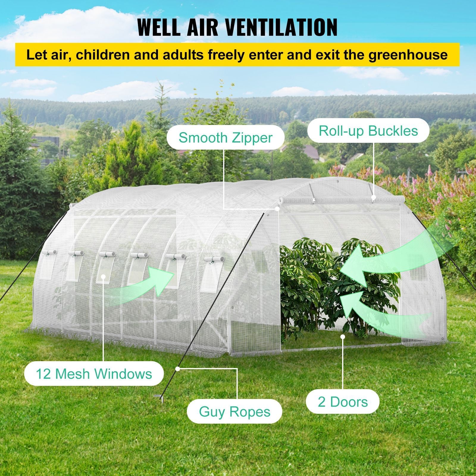 20 x 10 x 7 ft Walk-in Tunnel Greenhouse, Portable Plant Hot House with Galvanized Steel Hoops, 3 Top Beams, Diagonal Poles, 2 Zippered Doors & 12 Roll-up Windows, White - WildWood Apothecary and More