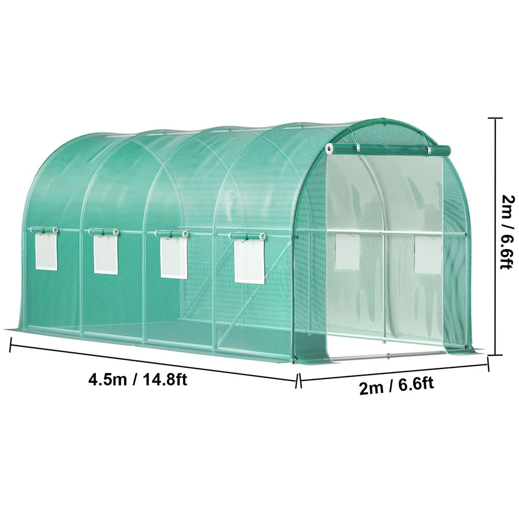 Walk-in Tunnel Greenhouse, 15 x 7 x 7 ft Portable Plant Hot House with Galvanized Steel Hoops, 1 Top Beam, Diagonal Poles, Zippered Door & 8 Roll-up Windows, Green - WildWood Apothecary and More