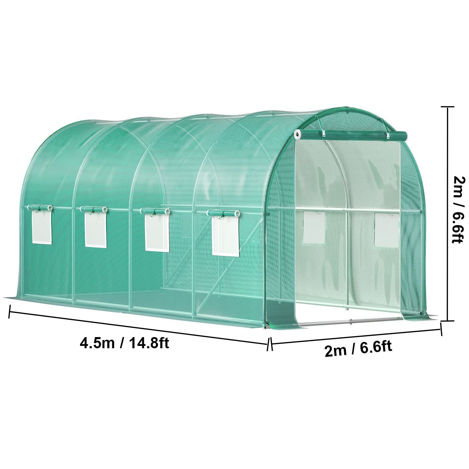 Walk-in Tunnel Greenhouse, 15 x 7 x 7 ft Portable Plant Hot House with Galvanized Steel Hoops, 1 Top Beam, Diagonal Poles, Zippered Door & 8 Roll-up Windows, Green - WildWood Apothecary and More