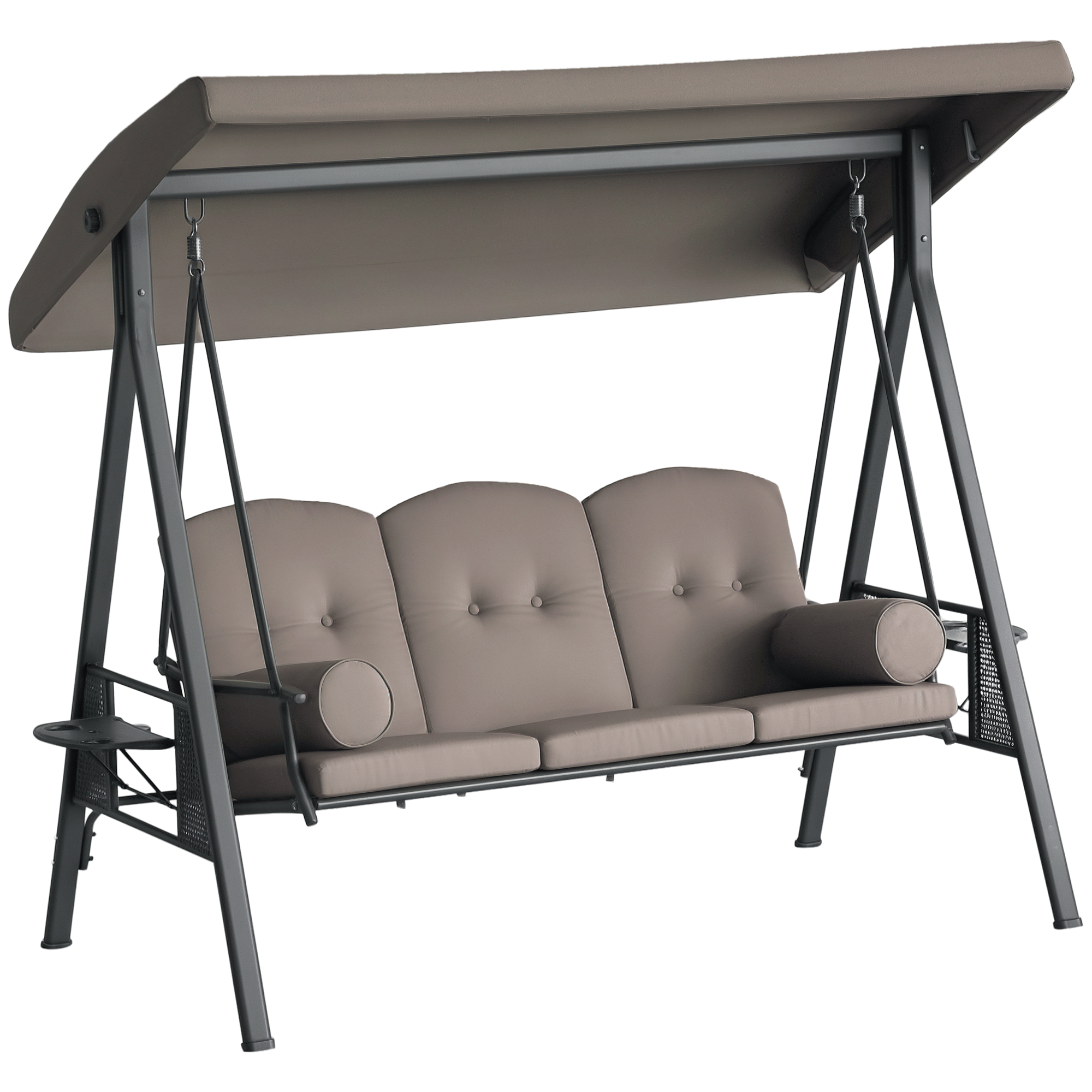 3-Seat Outdoor Patio Swing Chair Porch Glider with Adjustable Canopy Removable Cushion Pillows Side Trays for Garden Poolside Backyard Brown - WildWood Apothecary and More