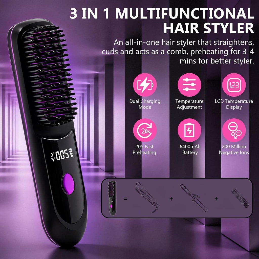 Hair Straightener, Cordless Hair Straightening Brush Portable Cordless Comb with Base Negative Ion Rechargeable Brush for Frizz-Free Shine Straightening, 6400mAh Fast Heating (Black) - WildWood Apothecary and More