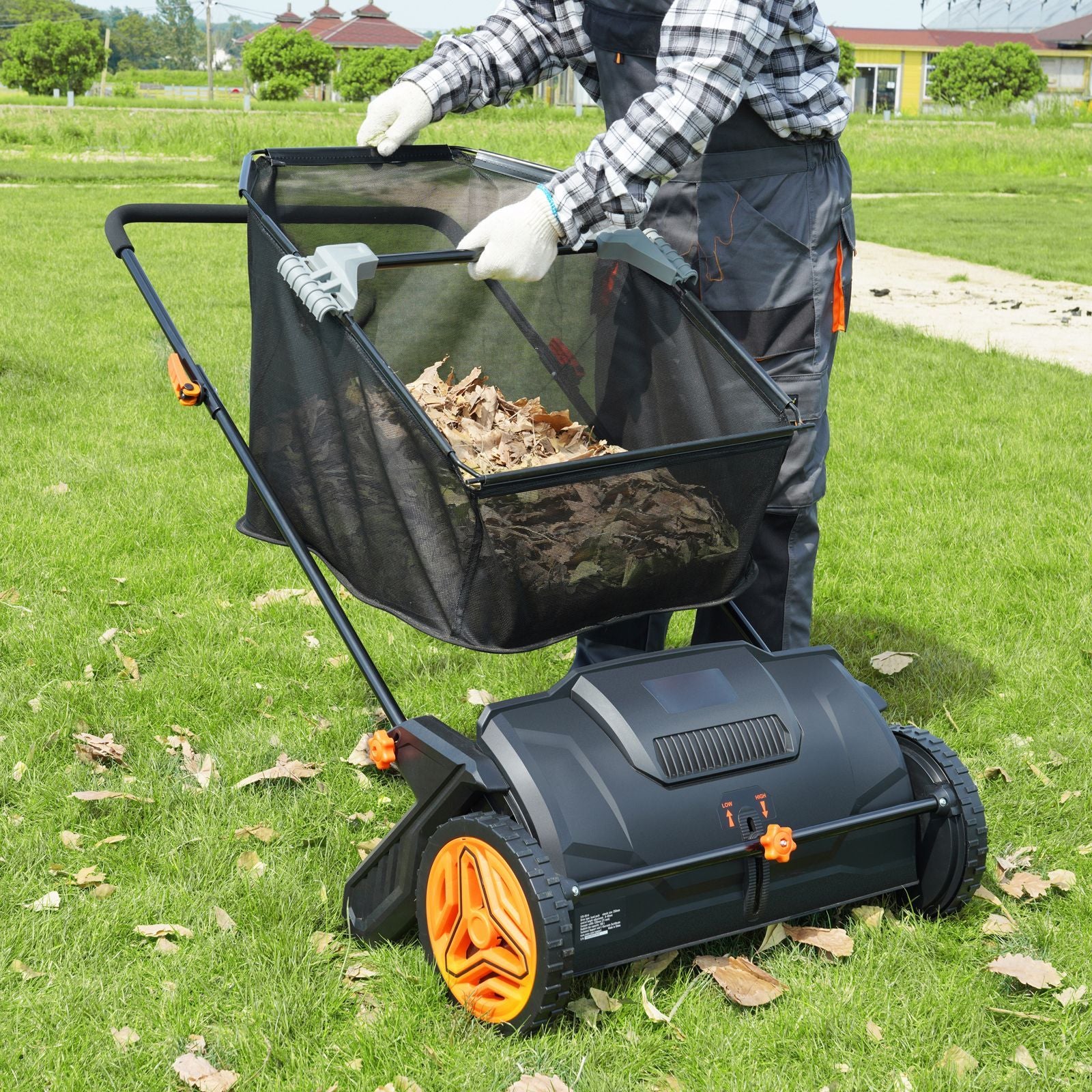 Push Lawn Sweeper, 21inch Leaf & Grass Collector, Strong Plastic Wheels & Heavy Duty Thickened Steel Durable to Use with Large Capacity 3.5 cu. ft. Mesh Collection Hopper Bag, 2 Spinning Brushes - WildWood Apothecary and More