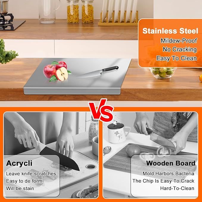 Stainless Steel Cutting Board with Lip for Kitchen Chopping Boards for Countertop Large Metal Cutting Board over Sink Suitable for Meat Fruits Vegetables Bread Noodle and Pizza Bamboo Knives - WildWood Apothecary and More