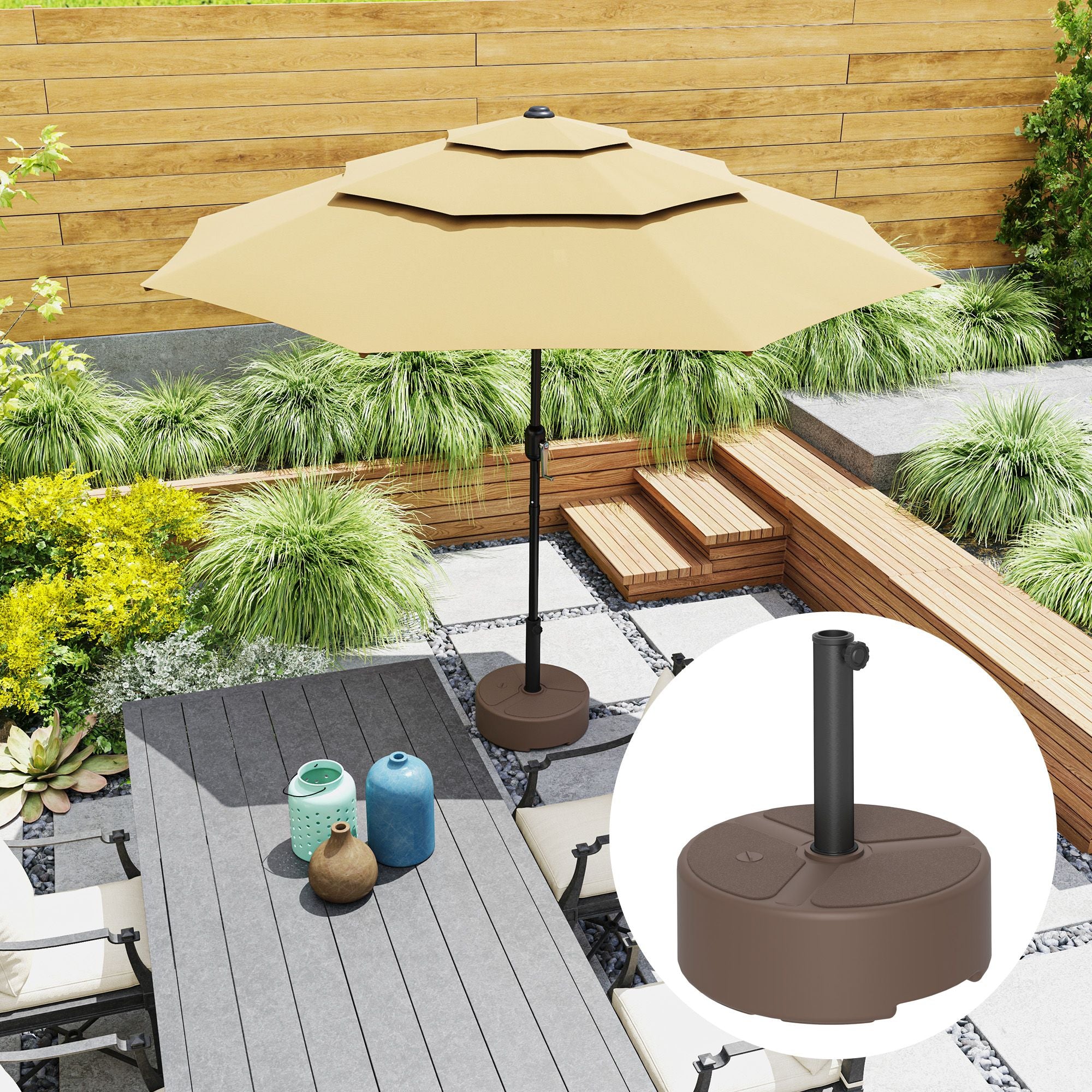 Round Patio Umbrella Base Holder, Heavy Duty Outdoor Umbrella Stand Base, Filled Up to 44lbs with Stand or 40lbs with Water for Garden, Poolside, Brown - WildWood Apothecary and More