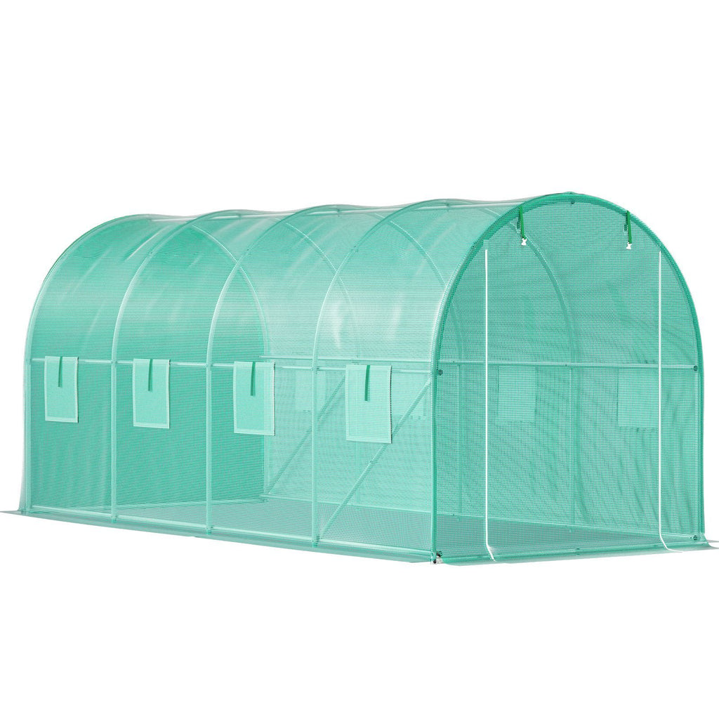 Walk-in Tunnel Greenhouse, 15 x 7 x 7 ft Portable Plant Hot House with Galvanized Steel Hoops, 1 Top Beam, Diagonal Poles, Zippered Door & 8 Roll-up Windows, Green - WildWood Apothecary and More