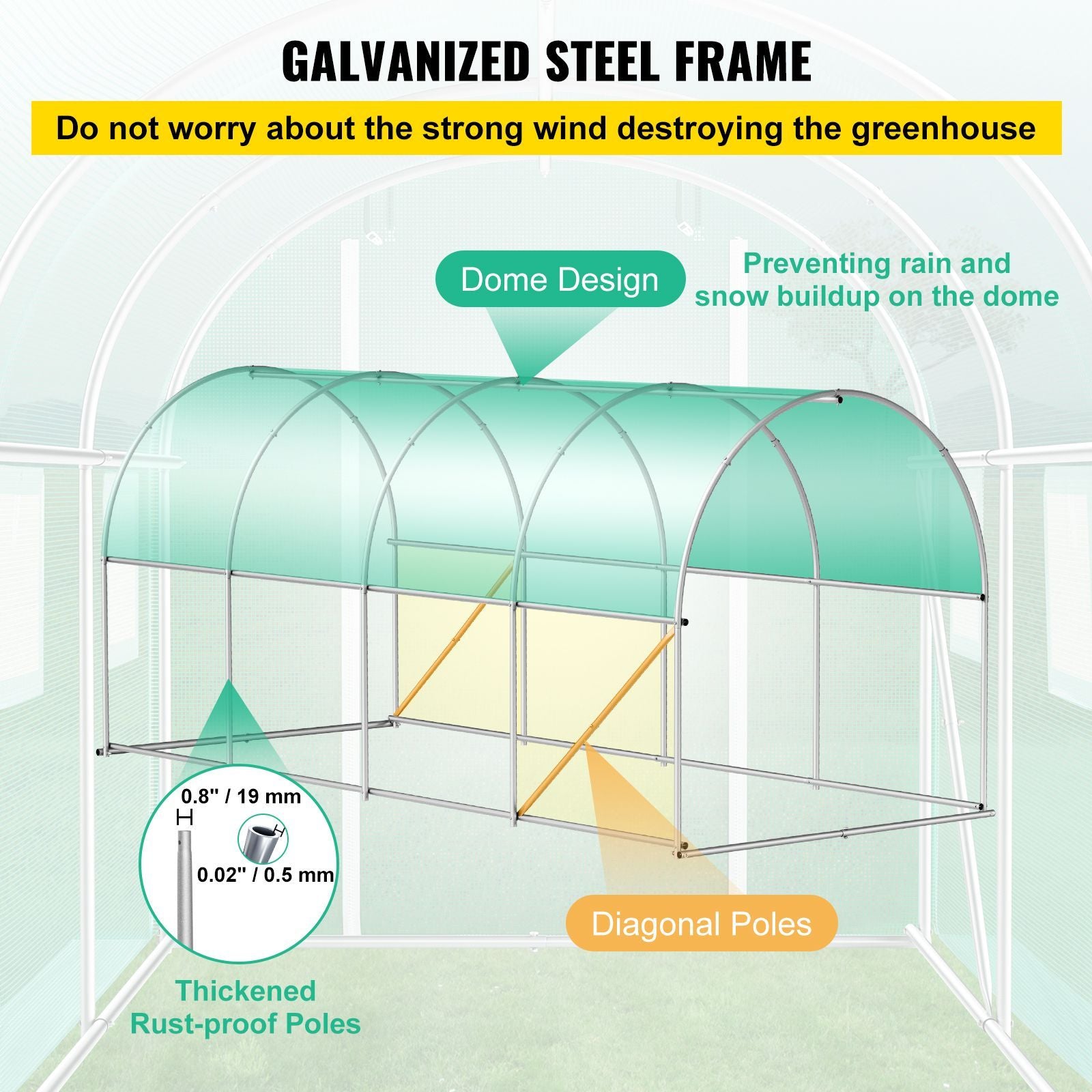 Walk-in Tunnel Greenhouse, 15 x 7 x 7 ft Portable Plant Hot House with Galvanized Steel Hoops, 1 Top Beam, Diagonal Poles, Zippered Door & 8 Roll-up Windows, Green - WildWood Apothecary and More
