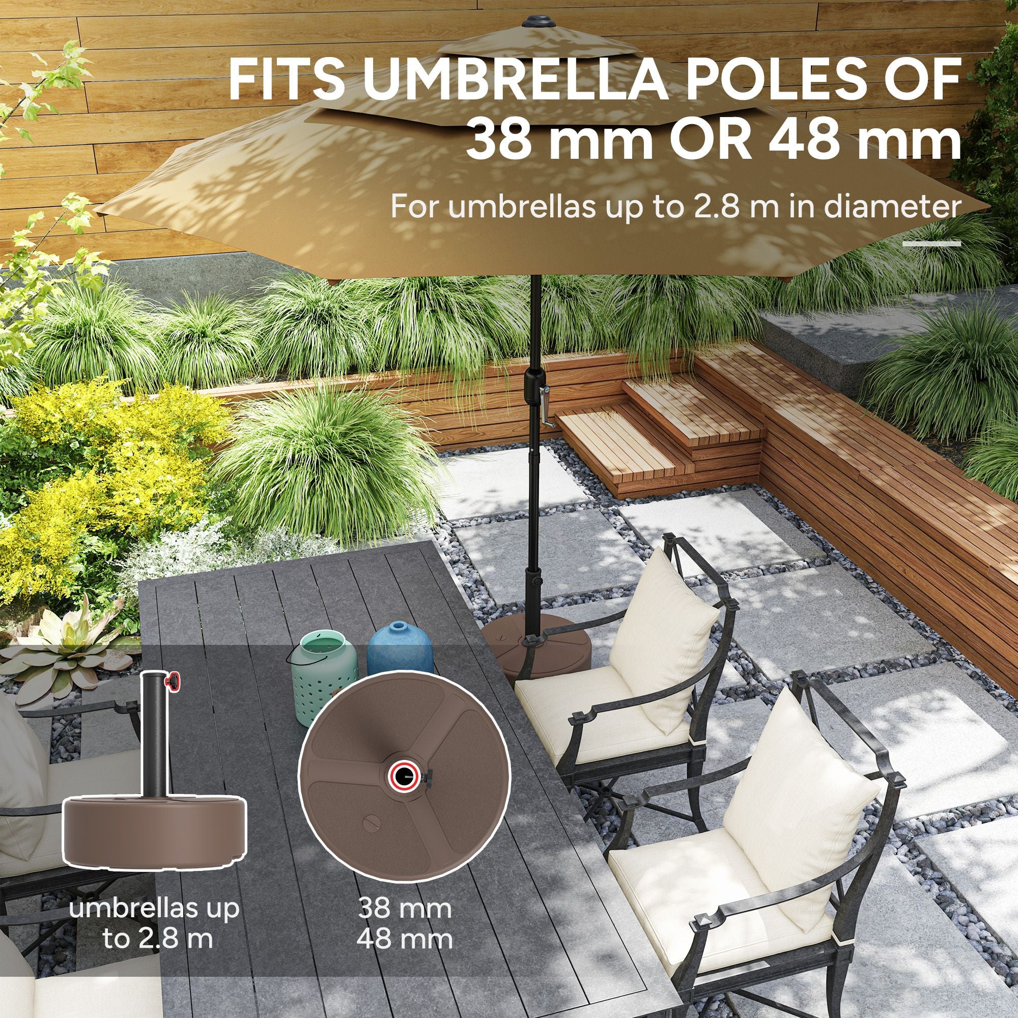 Round Patio Umbrella Base Holder, Heavy Duty Outdoor Umbrella Stand Base, Filled Up to 44lbs with Stand or 40lbs with Water for Garden, Poolside, Brown - WildWood Apothecary and More