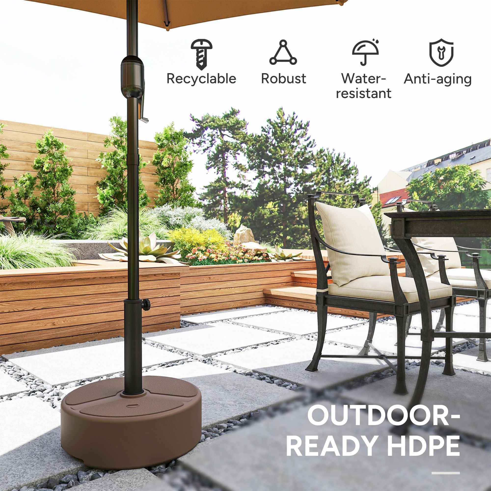Round Patio Umbrella Base Holder, Heavy Duty Outdoor Umbrella Stand Base, Filled Up to 44lbs with Stand or 40lbs with Water for Garden, Poolside, Brown - WildWood Apothecary and More