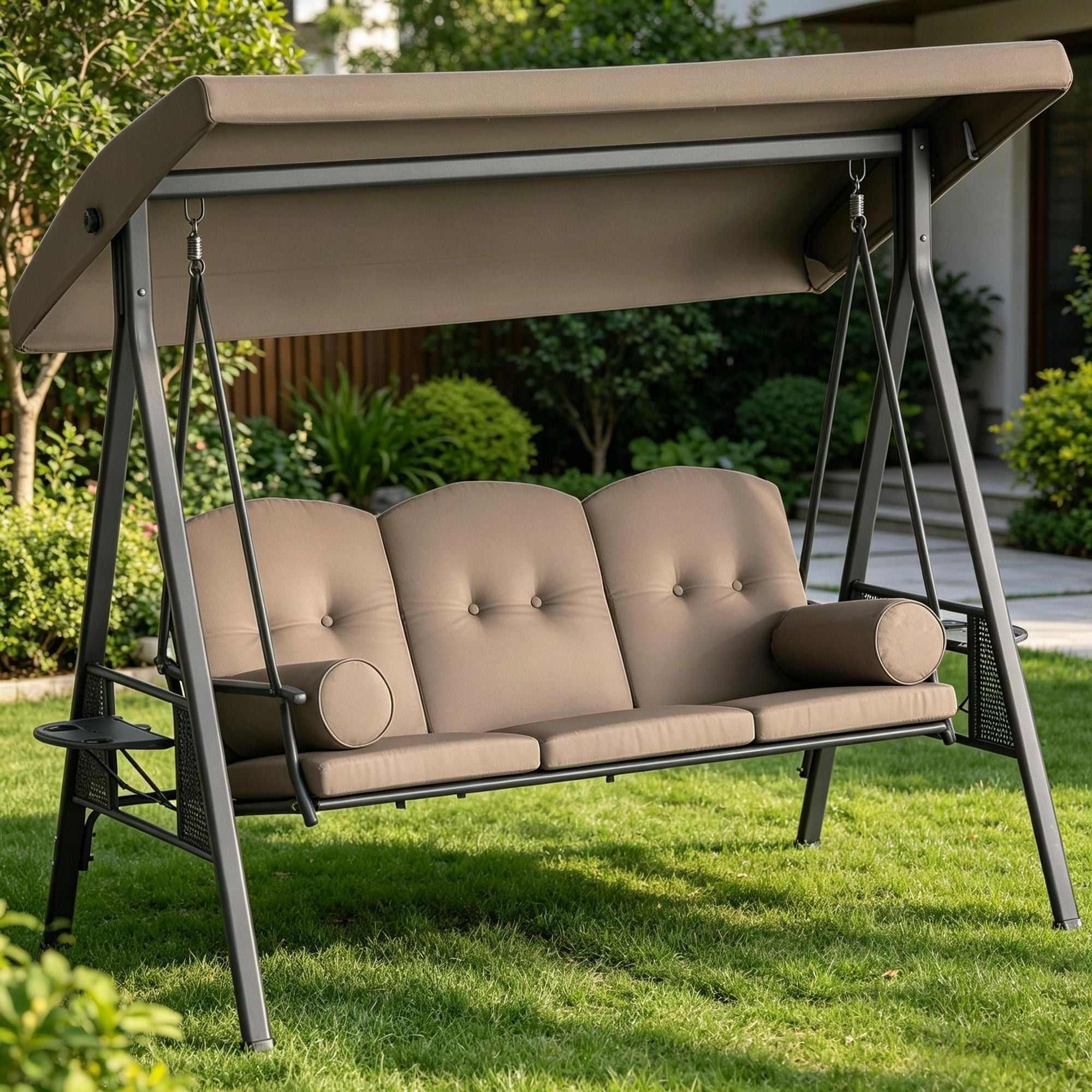 3-Seat Outdoor Patio Swing Chair Porch Glider with Adjustable Canopy Removable Cushion Pillows Side Trays for Garden Poolside Backyard Brown - WildWood Apothecary and More