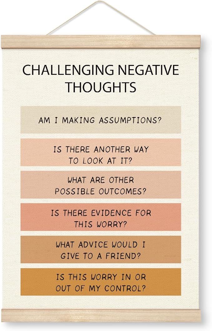 Therapy Decorations, Canvas Poster Wood Hanger, Anxiety Relief Prints, Mental Health Wall Decor, Therapist Psychologist Therapy Decor, Home Office Decor, Challenging Negative Thought Canvas Poster - WildWood Apothecary and More