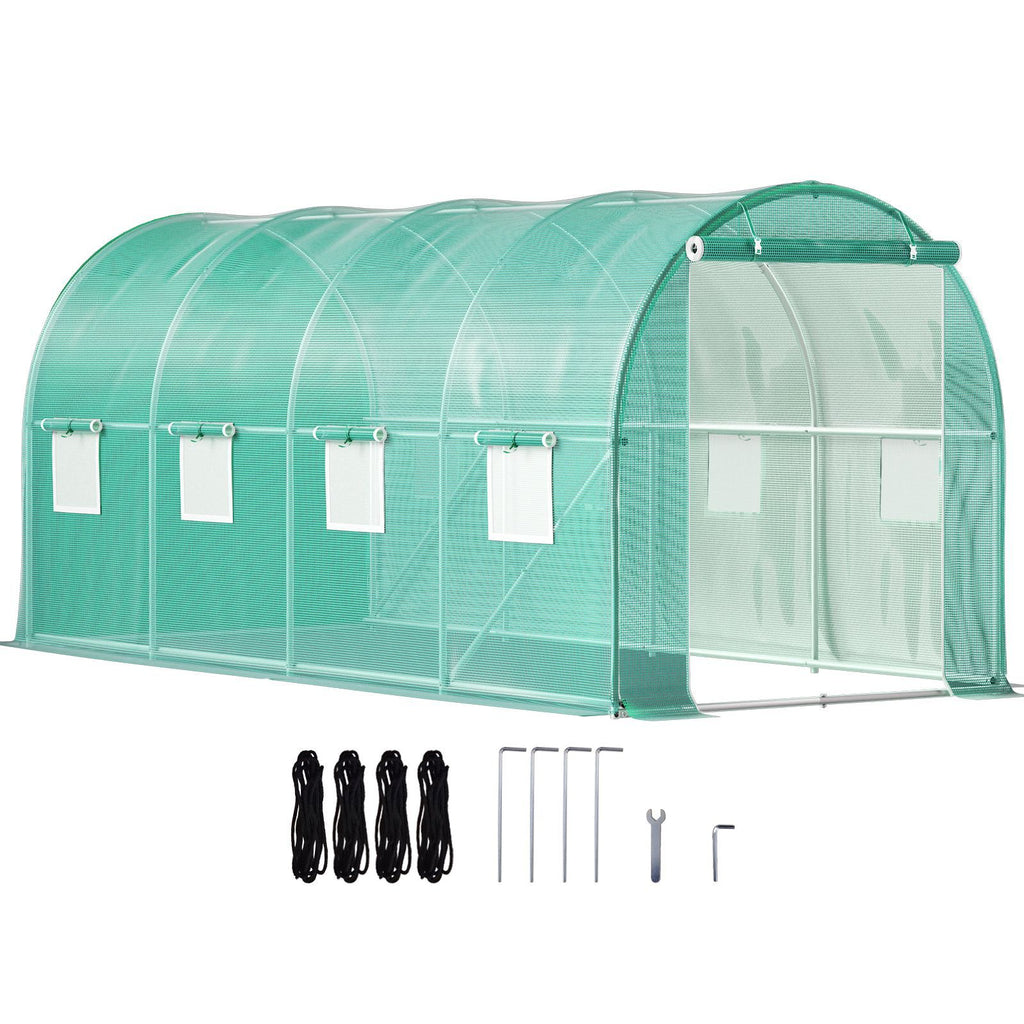 Walk-in Tunnel Greenhouse, 15 x 7 x 7 ft Portable Plant Hot House with Galvanized Steel Hoops, 1 Top Beam, Diagonal Poles, Zippered Door & 8 Roll-up Windows, Green - WildWood Apothecary and More