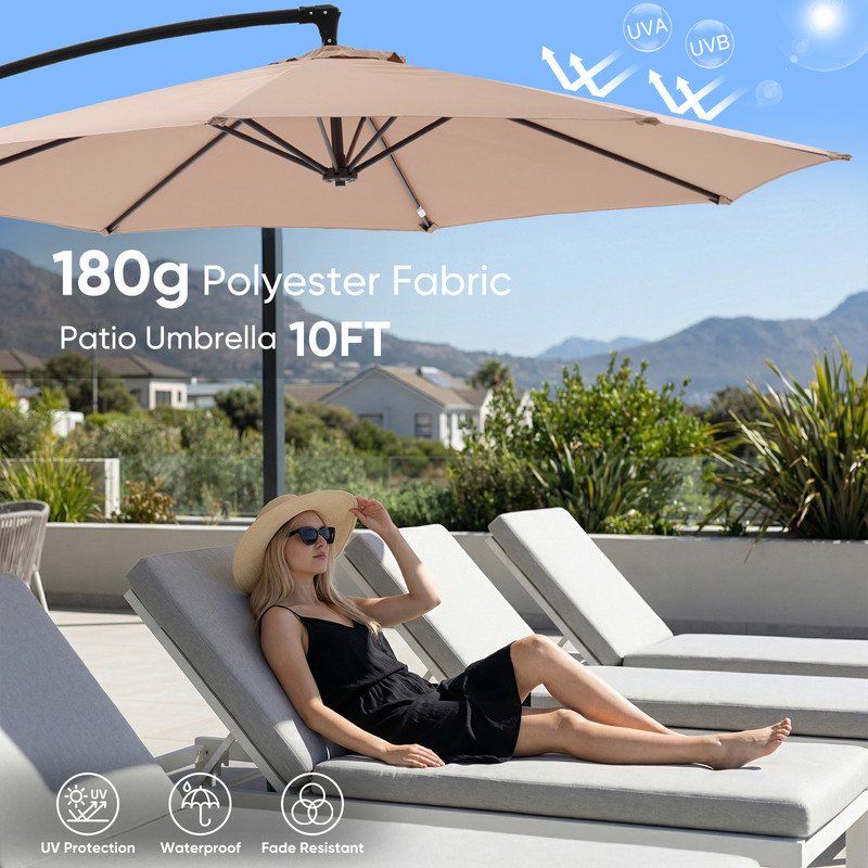 Outdoor Patio Umbrella, 10ft Offset Hanging Patio Umbrella with Aluminum Stand, 8 Ribs, UV Protection for Pool Garden Backyard Market, Khaki - WildWood Apothecary and More