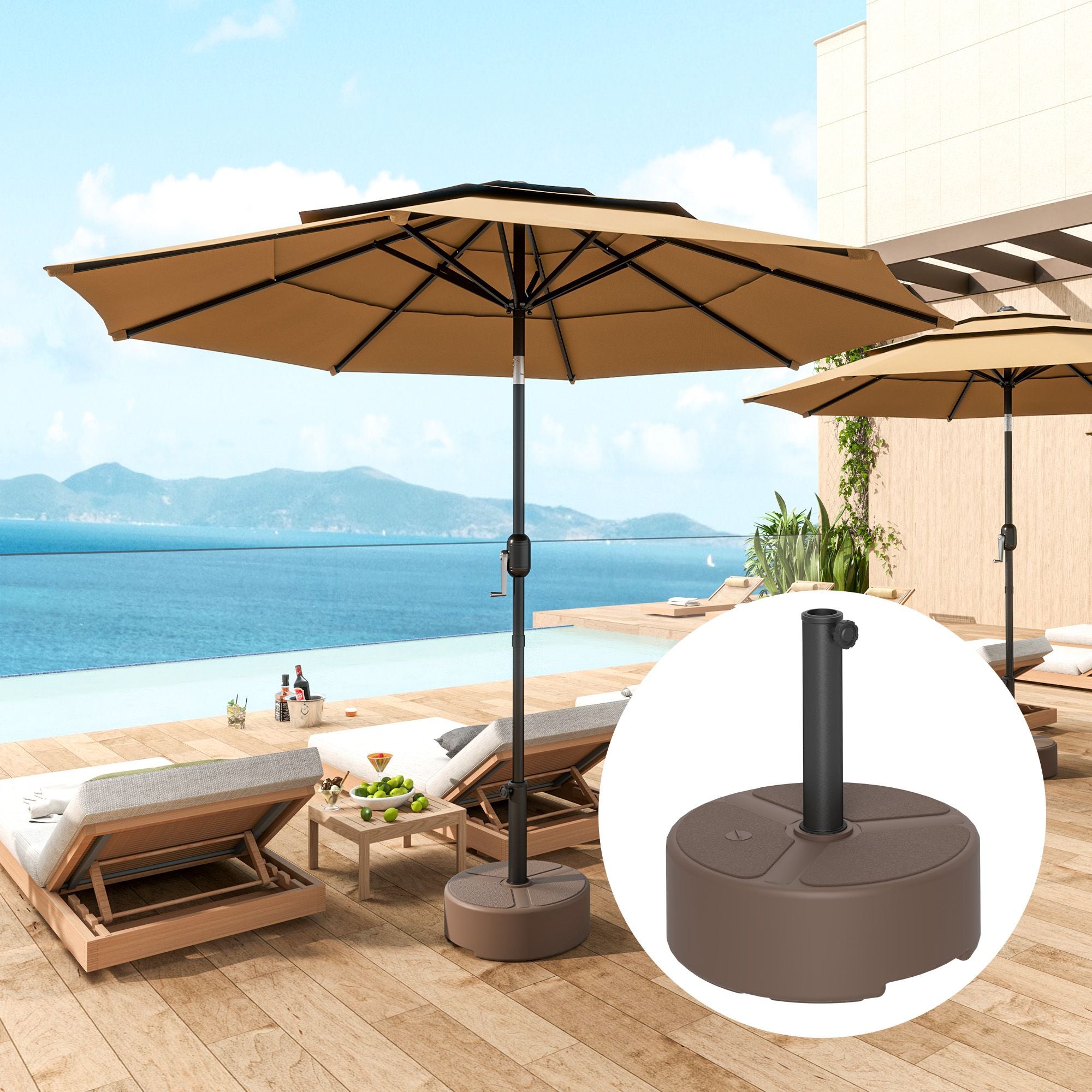 Round Patio Umbrella Base Holder, Heavy Duty Outdoor Umbrella Stand Base, Filled Up to 44lbs with Stand or 40lbs with Water for Garden, Poolside, Brown - WildWood Apothecary and More